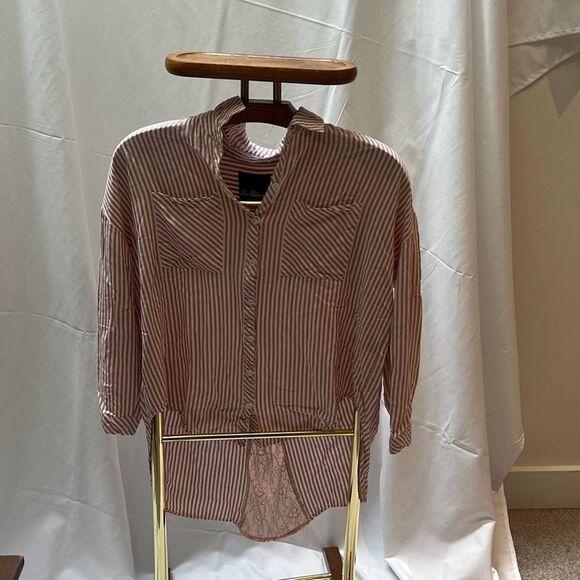 Sam Edelman Women's Striped Hi-Low Sleep Shirt Dusty Rose White Size Small - Picture 1 of 5